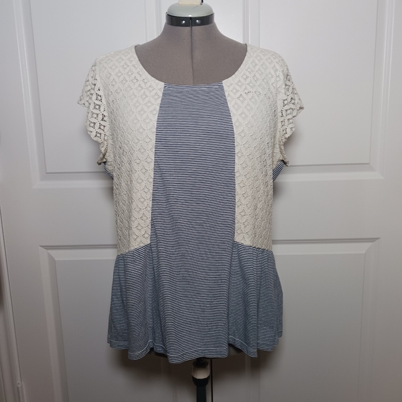 Hannah Tops - Hannah Blue & White Striped Top with Crochet Sleeves
